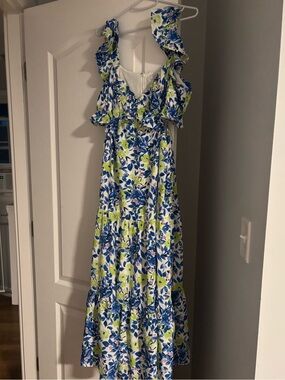 Floral Ruffle Maxi Dress in Blue and Green